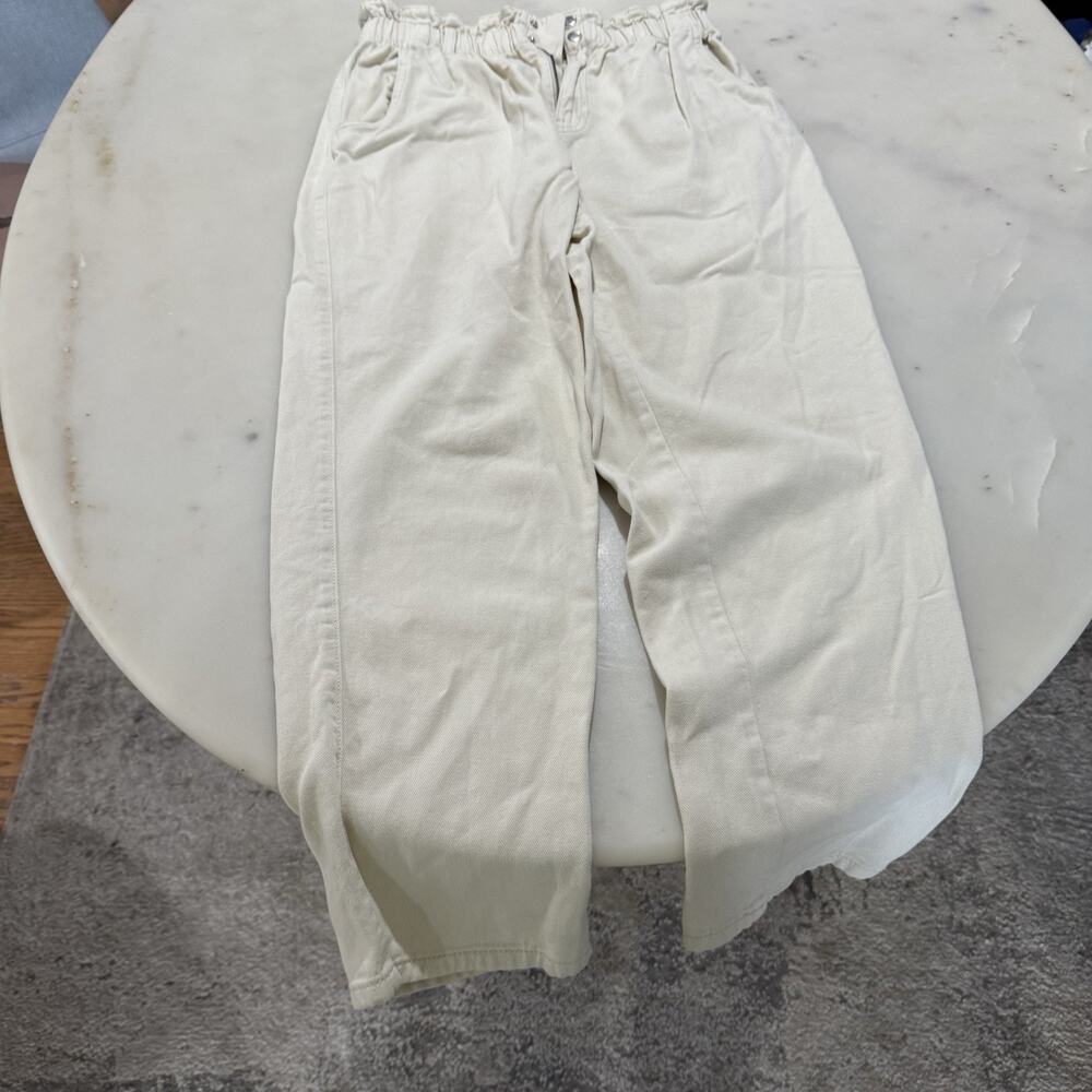 H&M 100% Cotton Pants Beige Elastic Paperback Waist Trousers Pockets Women’s 8 - Picture 3 of 11